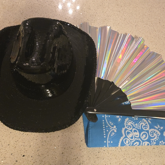 Black Sequin Cowboy Hat /Holographic Fan and FREE Bandana - Picture 1 of 1